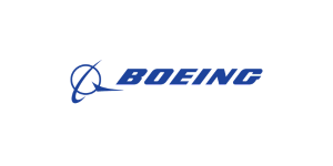 The Boeing logo features the word BOEING in bold blue letters next to a stylized blue graphic of a ring and swoosh, resembling an abstract aircraft or flight path. The background is white.